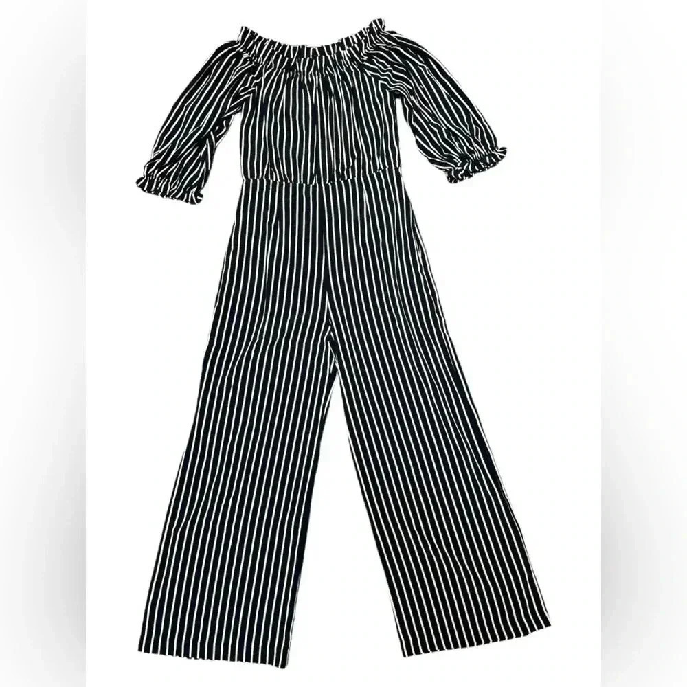 Olivaceous Women's Off the Shoulder Jumpsuit Striped Black/Ivory Size Medium